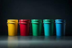 a row of colorful plastic containers on a dark background. AI-Generated photo