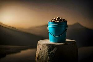 un azul Cubeta con nueces en parte superior de un de madera tocón. generado por ai foto