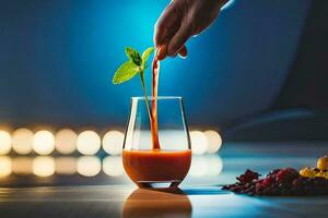 a hand is holding a glass of juice with berries and a leaf. AI-Generated photo