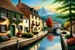 a painting of a canal in a village. AI-Generated photo