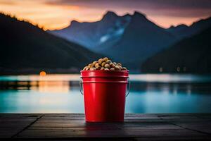 a bucket of nuts on a dock at sunset. AI-Generated photo