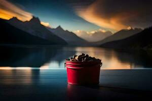 a bucket of nuts on a dock with mountains in the background. AI-Generated photo