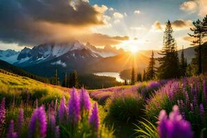 the sun rises over the mountains and flowers in the foreground. AI-Generated photo