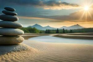 a stack of stones in the sand at sunset. AI-Generated photo