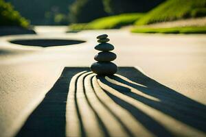 a stack of rocks sitting on a path. AI-Generated photo