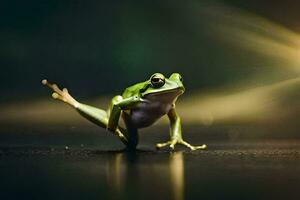 a frog is standing on its hind legs and looking at the camera. AI-Generated photo