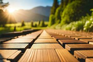 a wooden walkway with the sun shining through it. AI-Generated photo