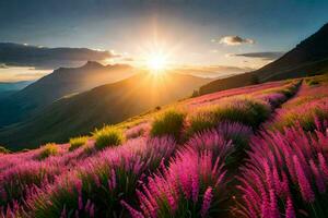 the sun rises over the mountains and the flowers are in bloom. AI-Generated photo