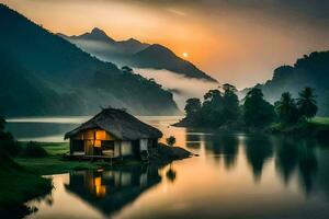 the house on the lake, vietnam. AI-Generated photo
