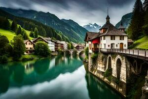 swiss village by the river. AI-Generated photo