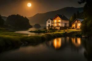 photo wallpaper the moon, water, lake, house, the moon, the lake, the house. AI-Generated