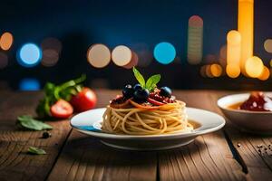 espaguetis con tomate salsa y arándanos en un lámina. generado por ai foto