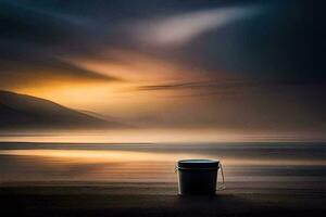 a bucket sits on the beach at sunset. AI-Generated photo