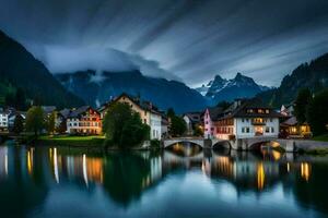 photo wallpaper the sky, mountains, water, houses, town, bridge, lake, mountains,. AI-Generated