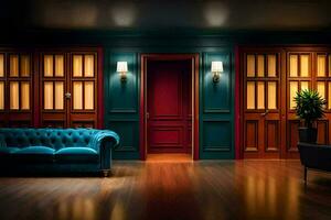 a blue couch in a room with wood floors and red walls. AI-Generated photo