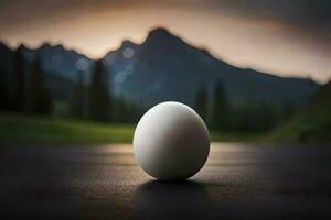 un huevo sentado en el la carretera en frente de montañas. generado por ai foto