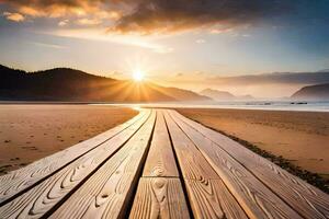 a wooden boardwalk leads to the beach at sunset. AI-Generated photo