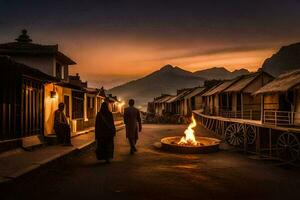 two people walk past a fire pit in front of a village. AI-Generated photo