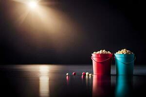 dos cubos de palomitas de maiz en un oscuro mesa. generado por ai foto