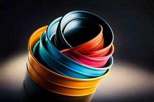 a stack of colorful tubes on a black background. AI-Generated photo