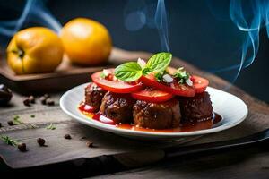 un plato con carne y Tomates en él. generado por ai foto