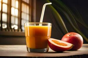 a glass of orange juice with a straw. AI-Generated photo