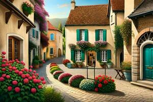 a painting of a street with flowers and flowers. AI-Generated photo