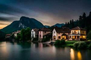 un hermosa lago y casas en el montañas a oscuridad. generado por ai foto