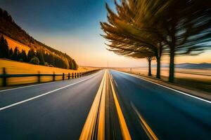 un largo exposición fotografía de un la carretera con arboles generado por ai foto