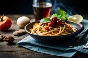 spaghetti with tomatoes and basil on a wooden table. AI-Generated photo