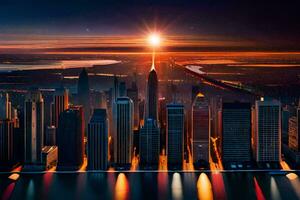 the sun rises over the city skyline at night. AI-Generated photo