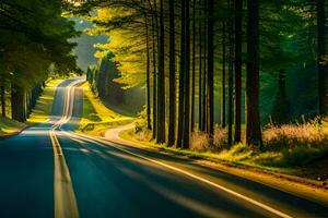 a long road through the woods with trees on both sides. AI-Generated photo