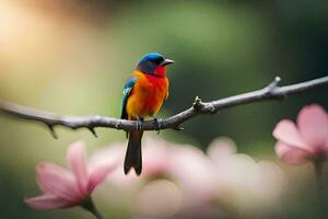 a colorful bird sits on a branch with pink flowers. AI-Generated photo