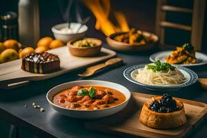 un mesa con bochas de comida y un fuego. generado por ai foto