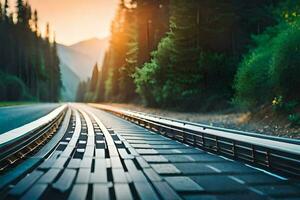 a train track in the middle of a forest. AI-Generated photo