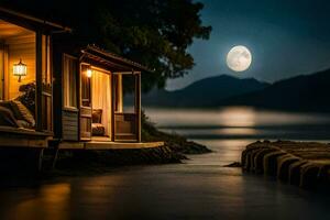 a cabin on the water with a full moon. AI-Generated photo