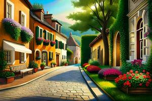 an illustration of a street with flowers and plants. AI-Generated photo