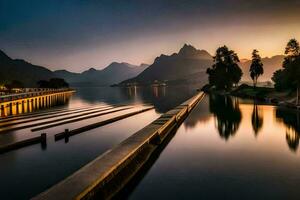 un lago con un muelle y montañas en el antecedentes. generado por ai foto