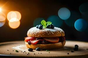 a hamburger with berries and mint on a wooden plate. AI-Generated photo