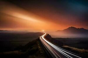 a long exposure photograph of a road with light trails. AI-Generated photo