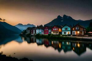 colorful houses on the shore of a lake at sunset. AI-Generated photo