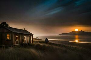 a man standing in front of a small cabin on the beach. AI-Generated photo