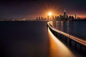 un largo exposición foto de un ciudad horizonte a puesta de sol. generado por ai