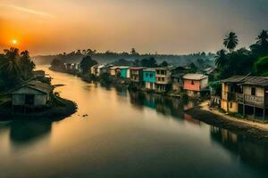 un río carreras mediante un pueblo a puesta de sol. generado por ai foto