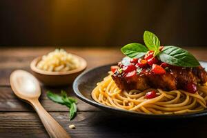 spaghetti with meat and tomato sauce on a wooden table. AI-Generated photo