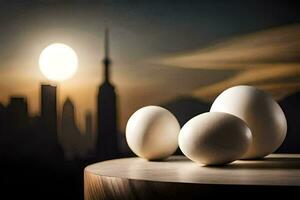 three eggs on a table in front of a city skyline. AI-Generated photo