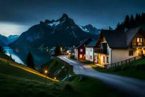 photo wallpaper the sky, mountains, lake, house, road, night, the mountains, house. AI-Generated