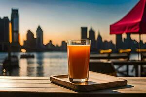 a glass of orange juice on a table in front of a city skyline. AI-Generated photo