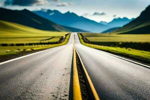 un largo vacío la carretera en el medio de un verde campo. generado por ai foto