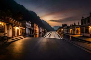 un calle en el medio de un pueblo a noche. generado por ai foto